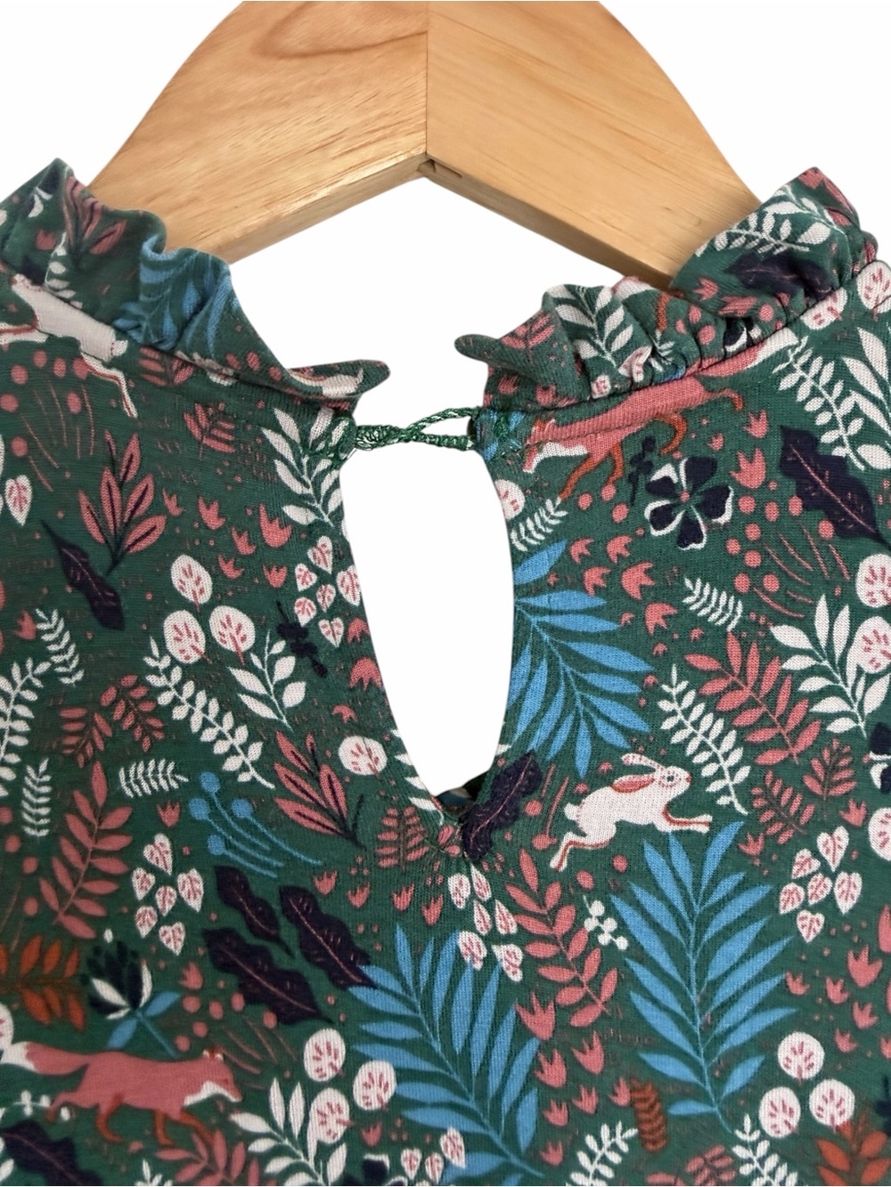 BODEN Woodland Frolic Green Floral Fox Bunny Print Long Sleeve Dress Sz 10 - Picture 7 of 10